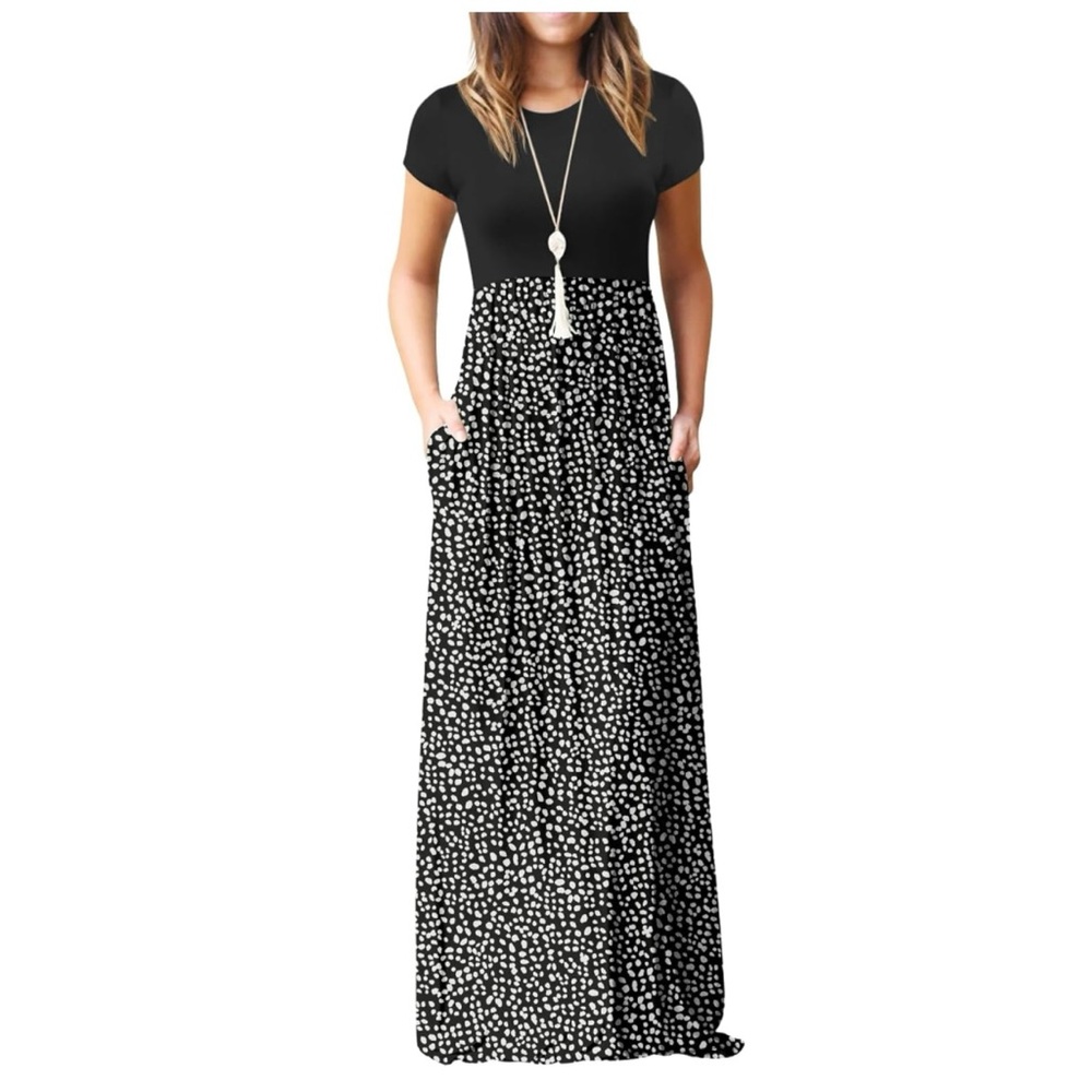 Black & White Polka Dot Short Sleeve Maxi Dress